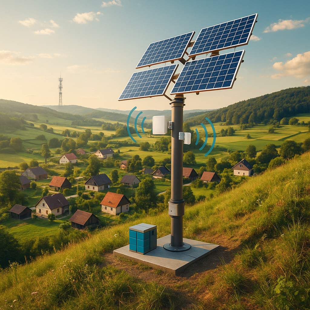 Outdoor long-range cellular signal booster with solar panel for rural property coverage
