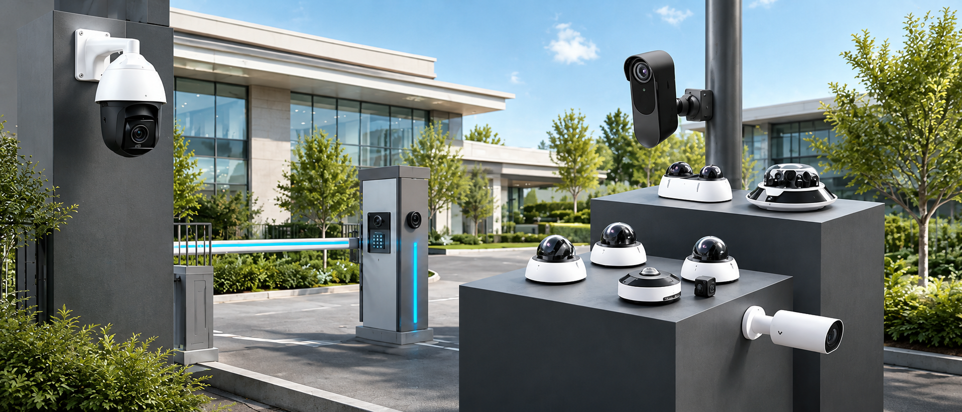 Security infrastructure image showing cloud security cameras, access control gate equipment, and surveillance systems installed at a modern commercial property.