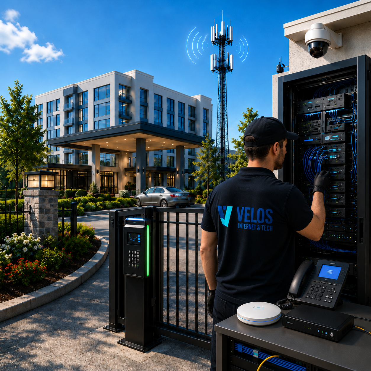 Velos Internet & Tech technician installing and supporting security cameras, access control, networking, cellular connectivity, VoIP, and managed IT infrastructure at a modern gated property.